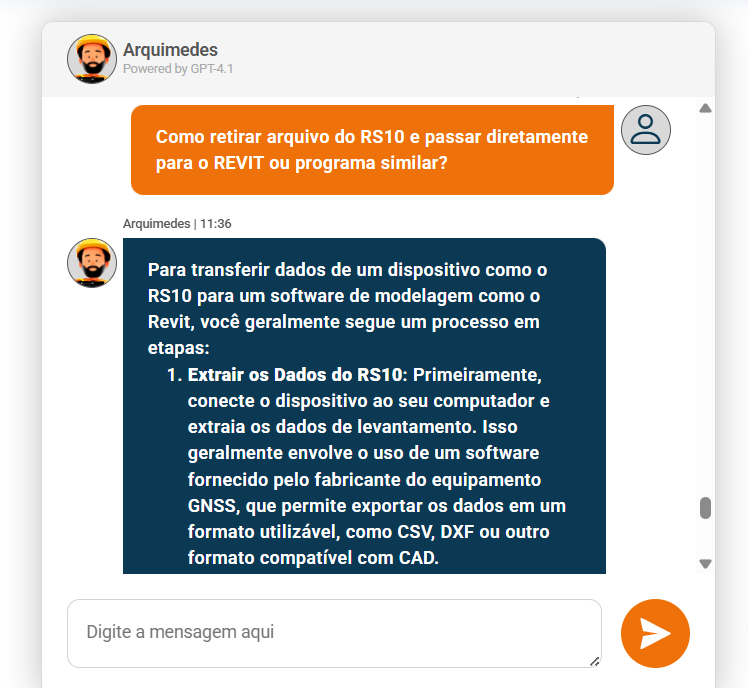 Arquimedes, assistente de IA do Mercado Topográfico, respondendo a uma dúvida sobre a transferência de dados de topografia para o Revit.